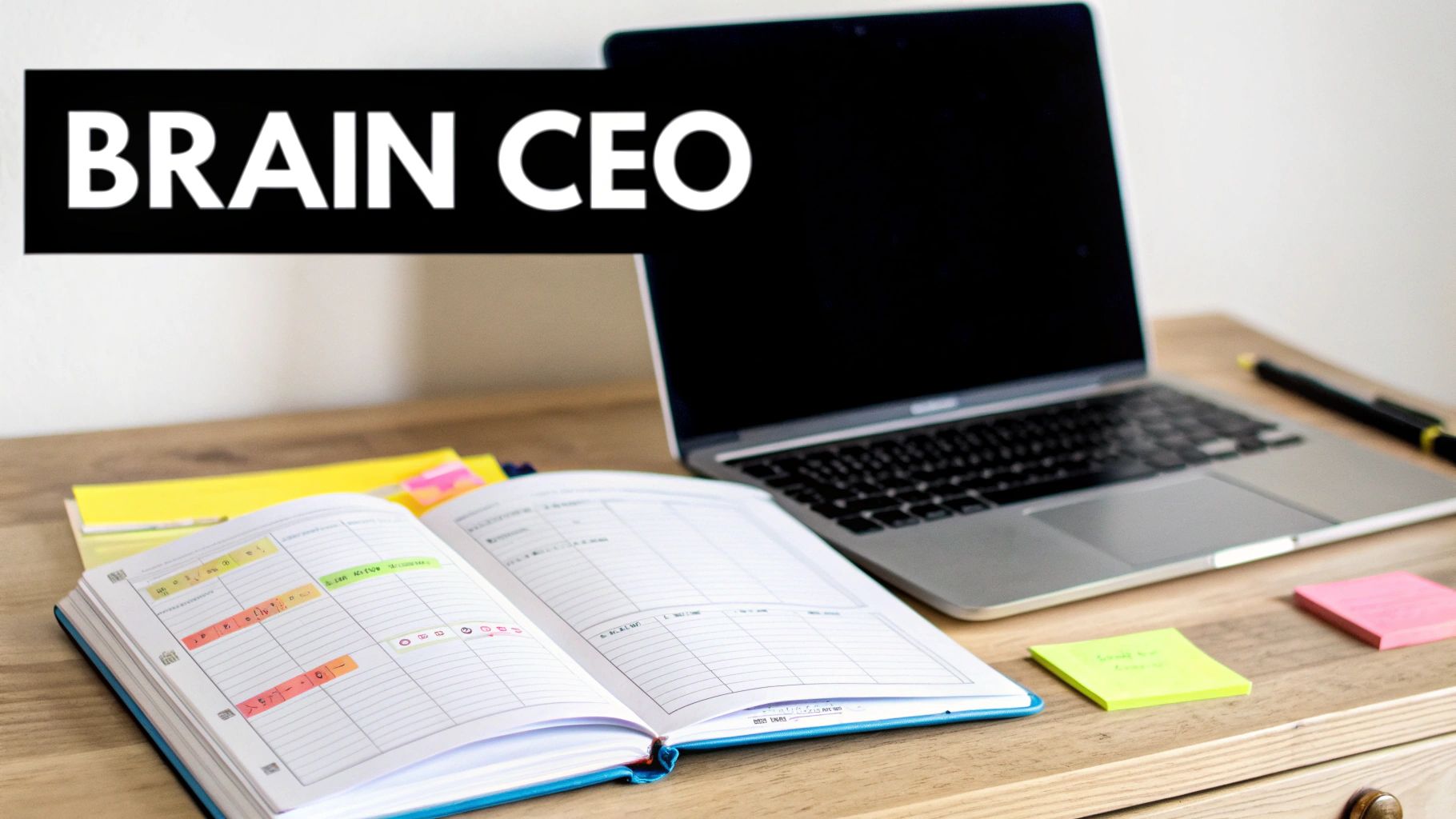 A productivity workspace featuring an open planner, laptop, sticky notes, and a 'BRAIN CEO' banner.
