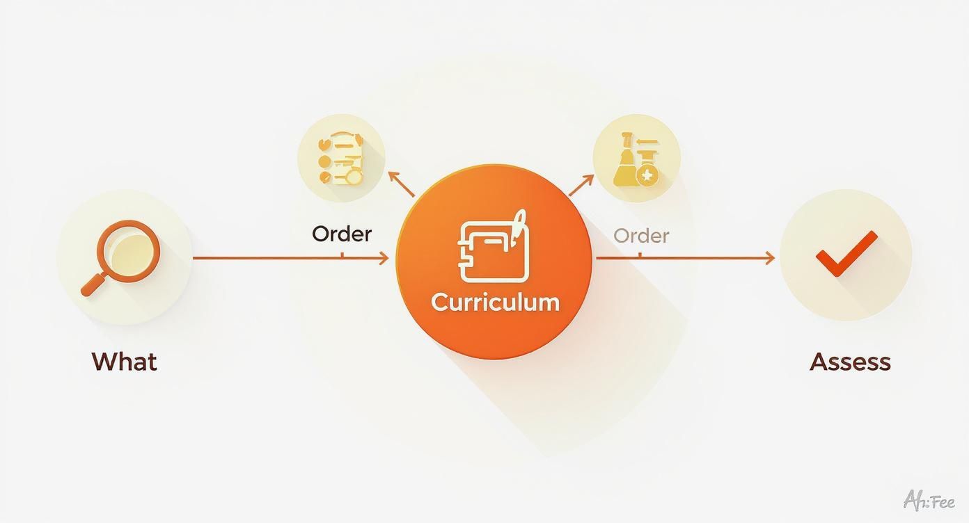 A process diagram illustrating curriculum development, from defining 'What' to planning the 'Curriculum' and finally 'Assess'ing.