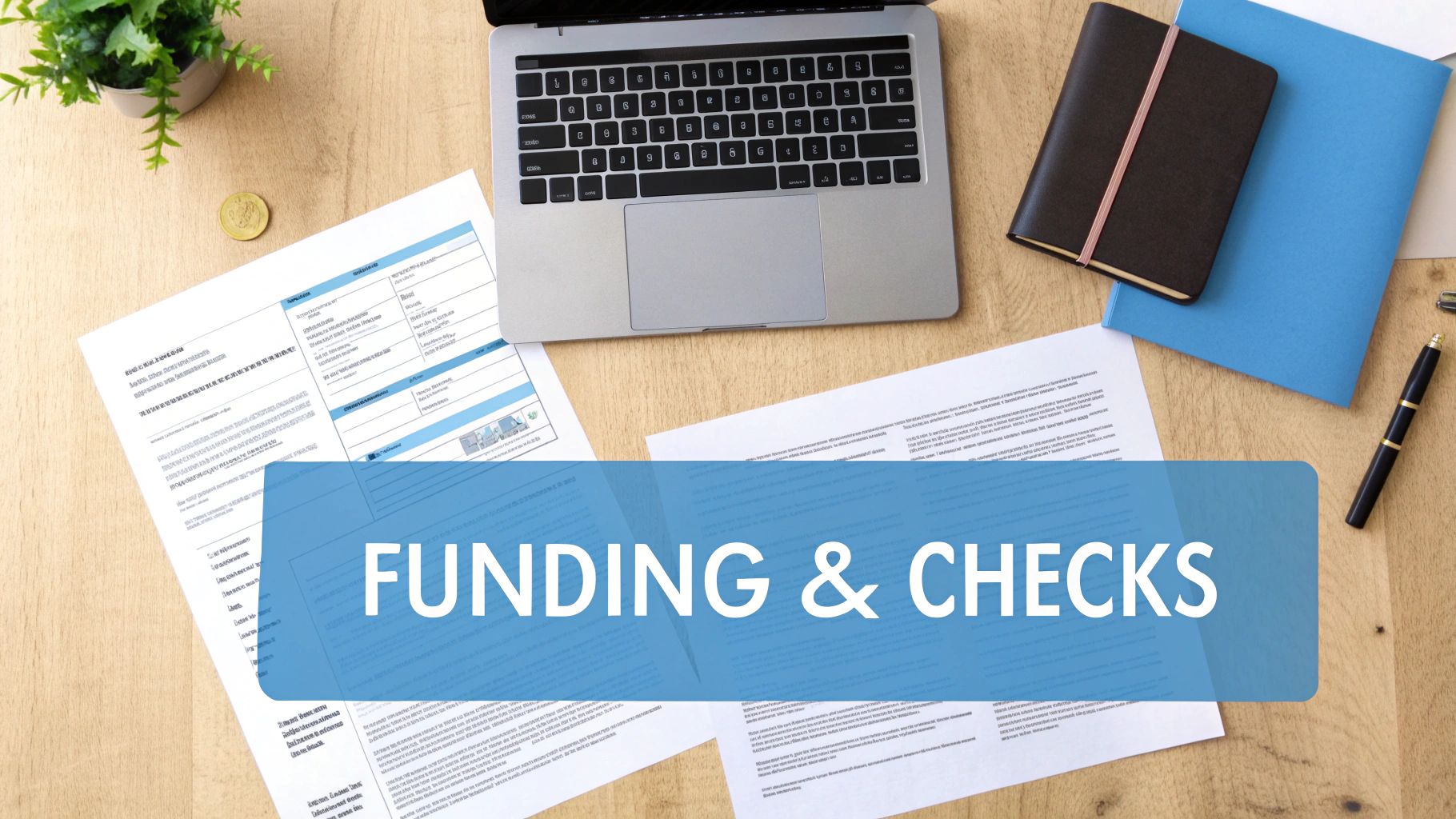 Flat lay of a workspace featuring a laptop, papers, and a text overlay: FUNDING & CHECKS.