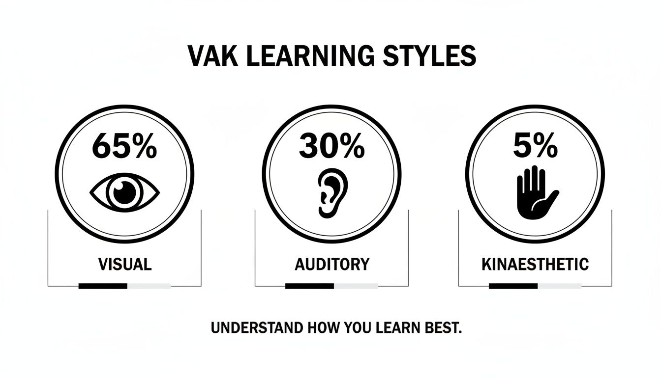 VAK learning styles chart displaying visual (65%), auditory (30%), and kinaesthetic (5%) preferences.