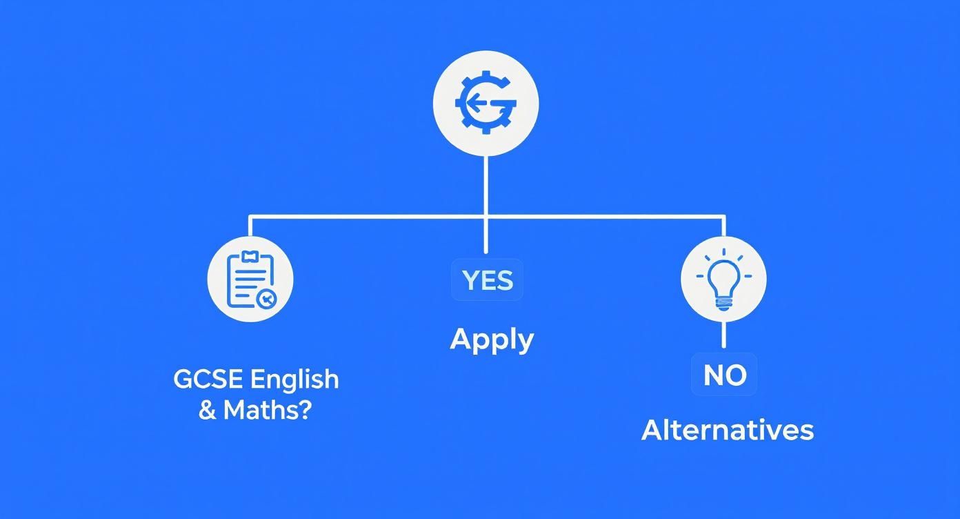 An infographic decision tree for a nursing course application, asking if the applicant has GCSE English and Maths, with paths for 'Yes' leading to 'Apply' and 'No' leading to 'Alternatives'.