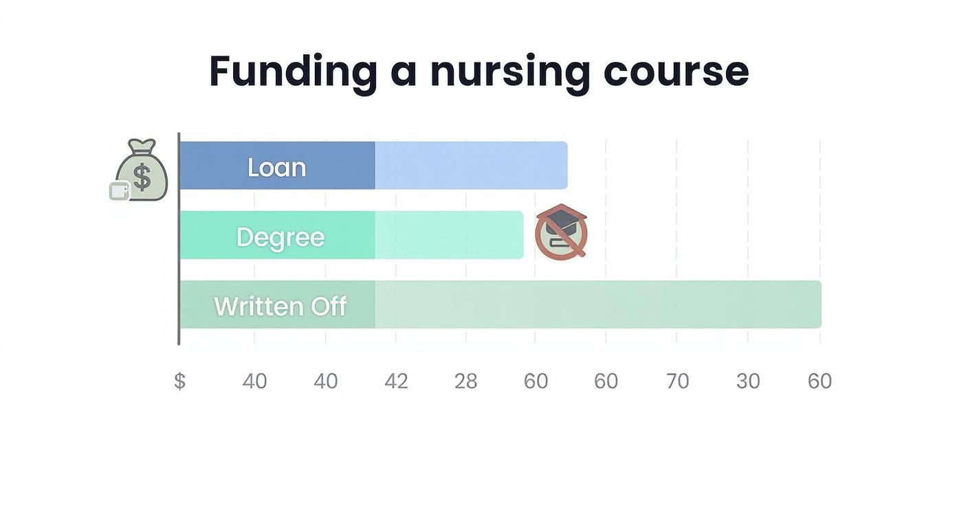 Bar chart illustrating funding options for a nursing course, showing loans, degrees, and written-off amounts.