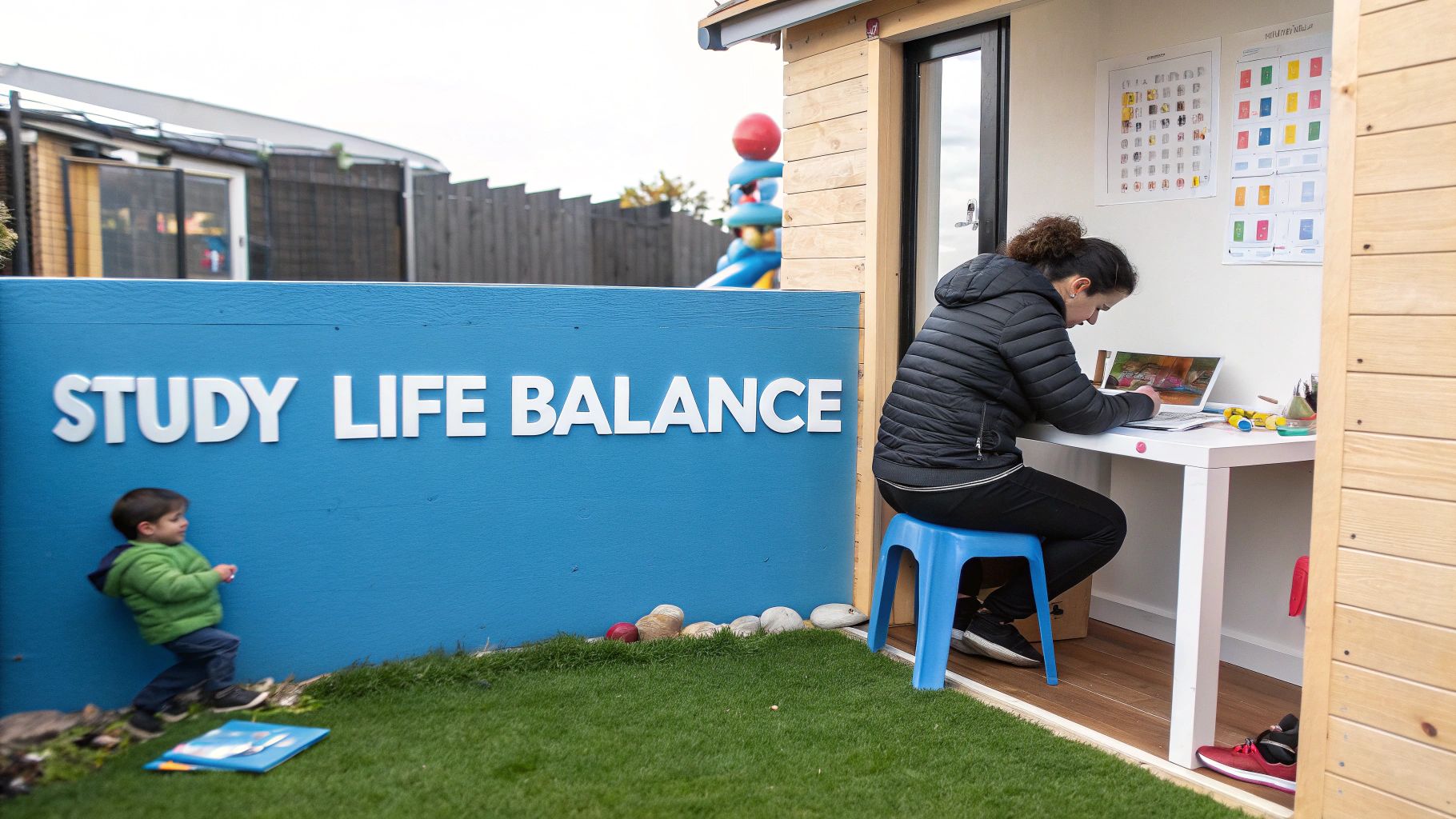 A woman studies on a laptop in a garden office while a child plays near a 'STUDY LIFE BALANCE' sign.