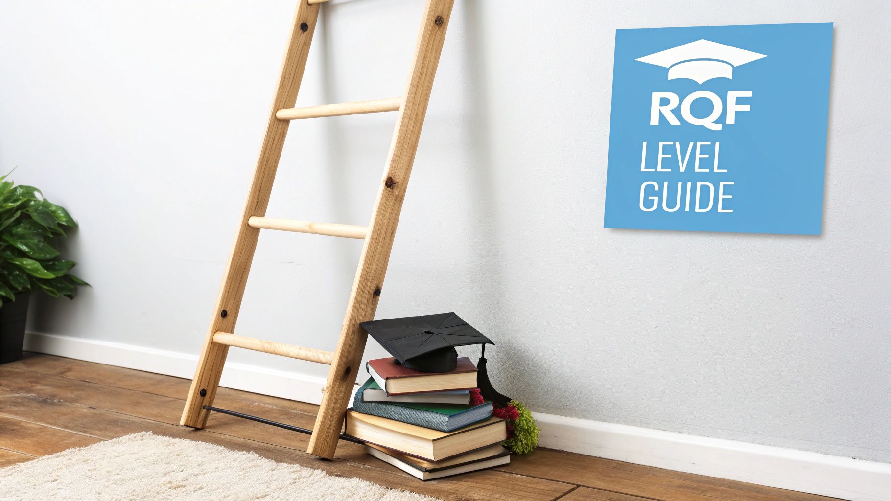 A wooden ladder, stack of books with a graduation cap, and RQF Level Guide poster.
