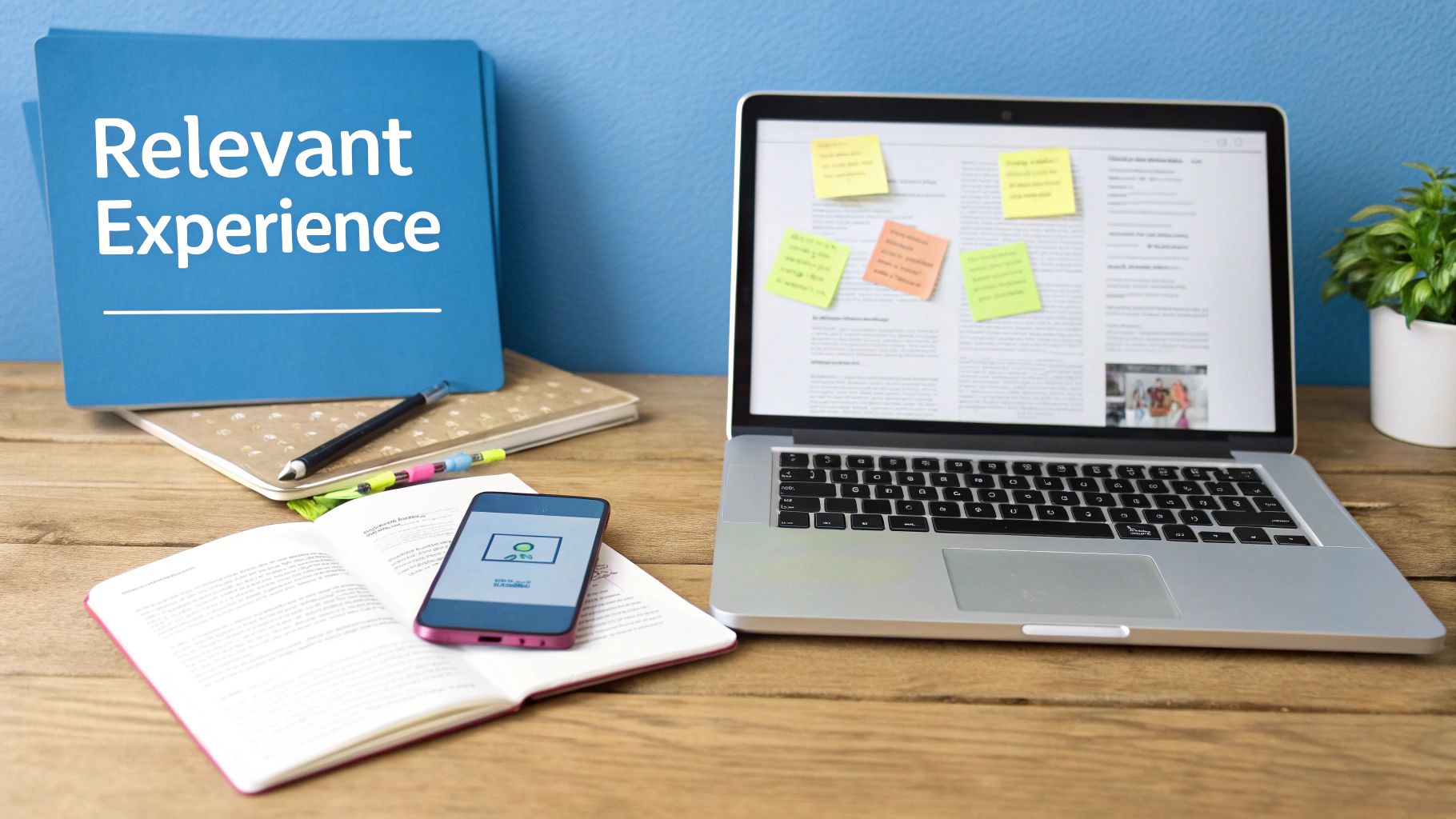 A desk with a laptop displaying a document, a folder labeled 'Relevant Experience', a smartphone, and an open book.