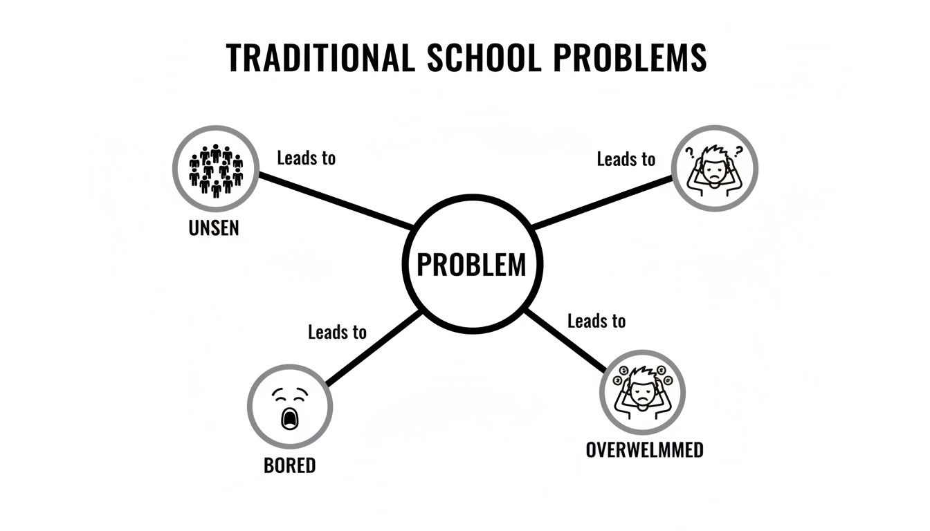 A mind map illustrating traditional school problems leading to students feeling unseen, confused, bored, and overwhelmed.