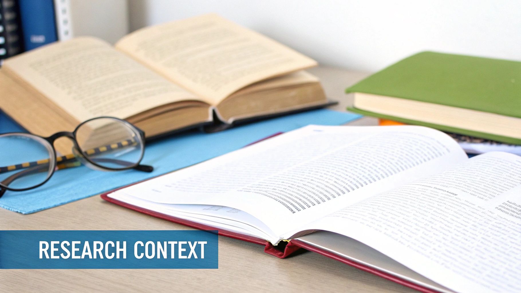 Close-up of open books, eyeglasses, and study materials on a desk, representing research context.