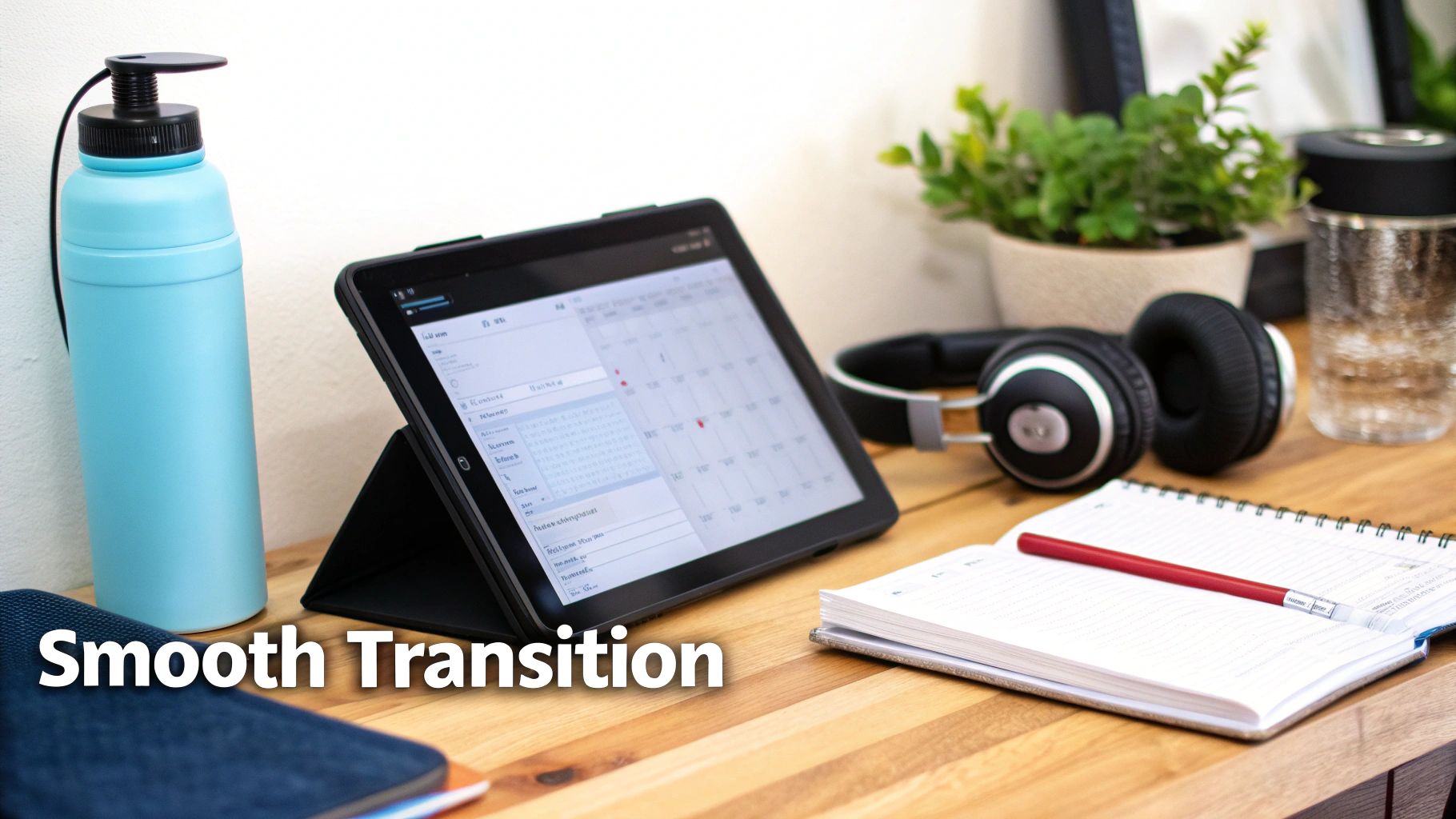 A clean desk setup with a tablet displaying a calendar, headphones, a water bottle, and a notebook.