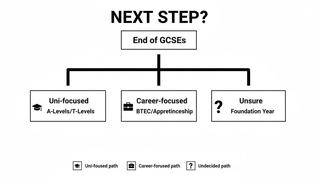 Flowchart showing post-GCSE education and career path options: uni, career, or unsure.