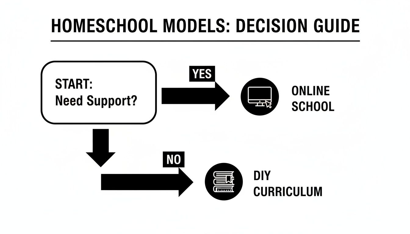 A homeschool models decision guide flowchart illustrating choices between online school and DIY curriculum based on support needs.