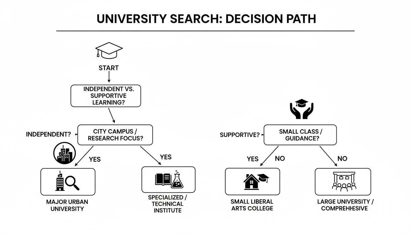 A flowchart illustrating a decision path for choosing a university based on learning style and preferences.