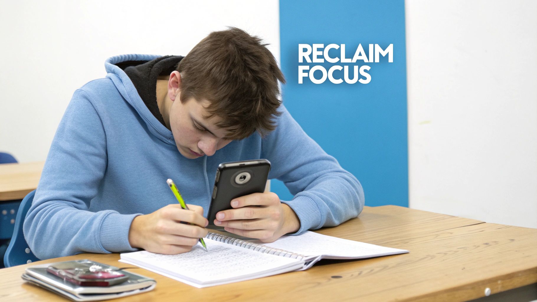A young student distracted by a smartphone while writing in a notebook with a pen.