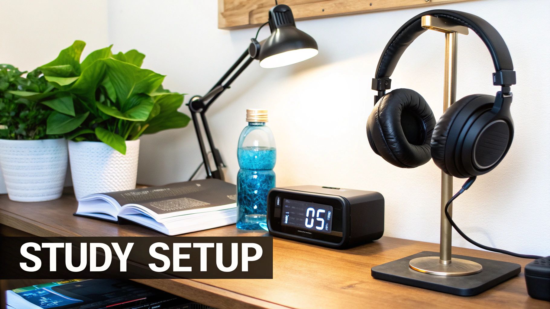 A tidy study setup featuring a desk lamp, green plants, an open book, and headphones.