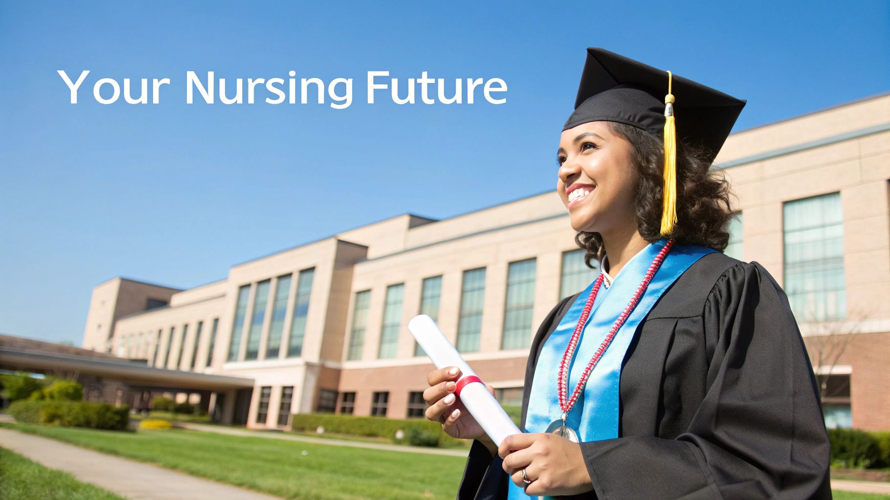 A smiling female nursing graduate in a cap and gown holds her diploma with a university building in the background.