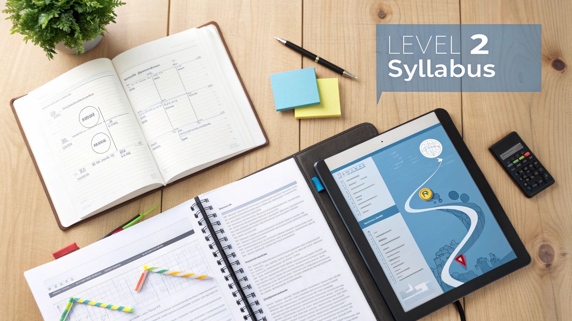 A desk with an open book, tablet, calculator, and sticky notes for Level 2 syllabus.