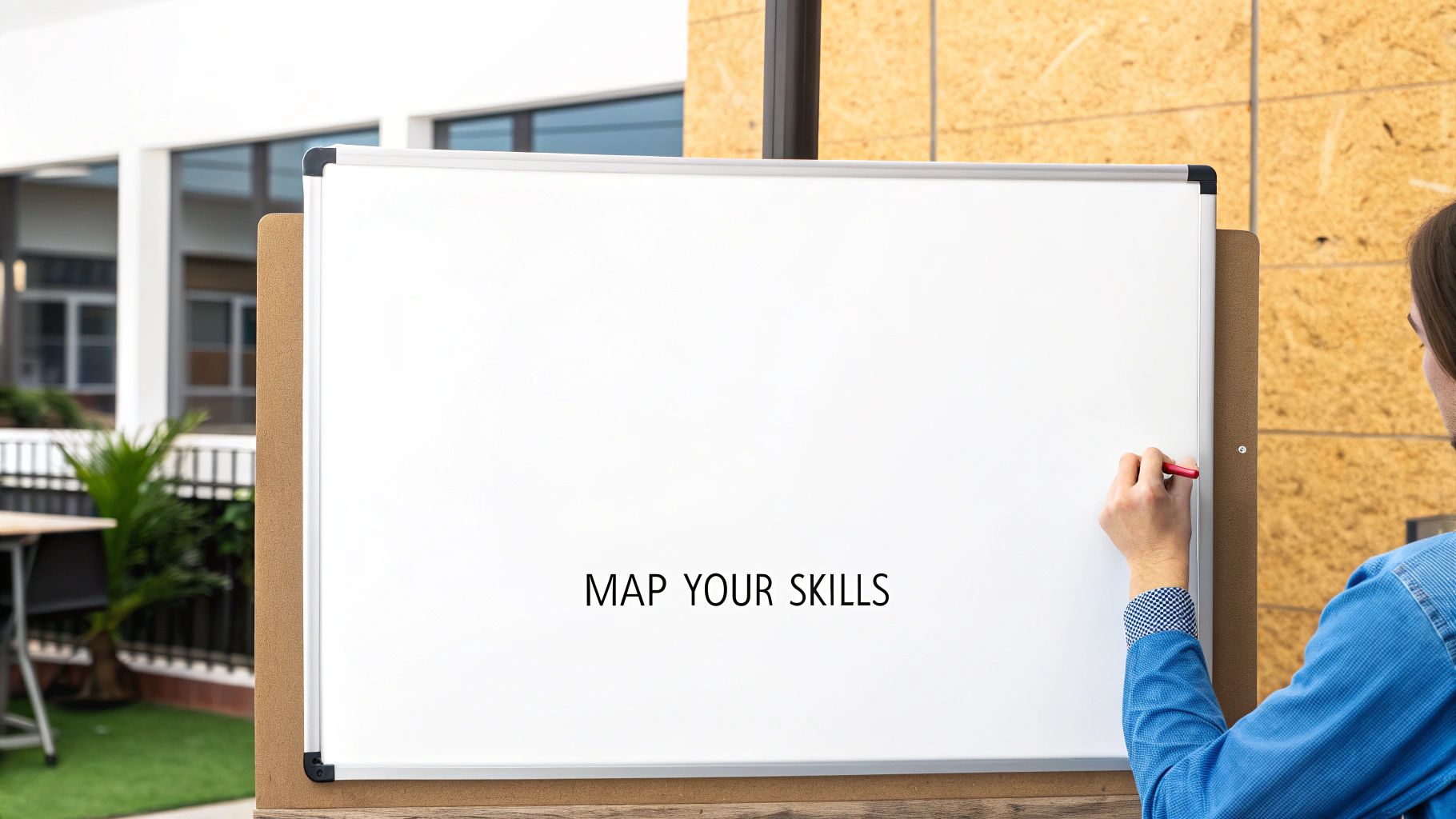 Person writing 'MAP YOUR SKILLS' on a whiteboard, symbolizing career planning and skill identification.