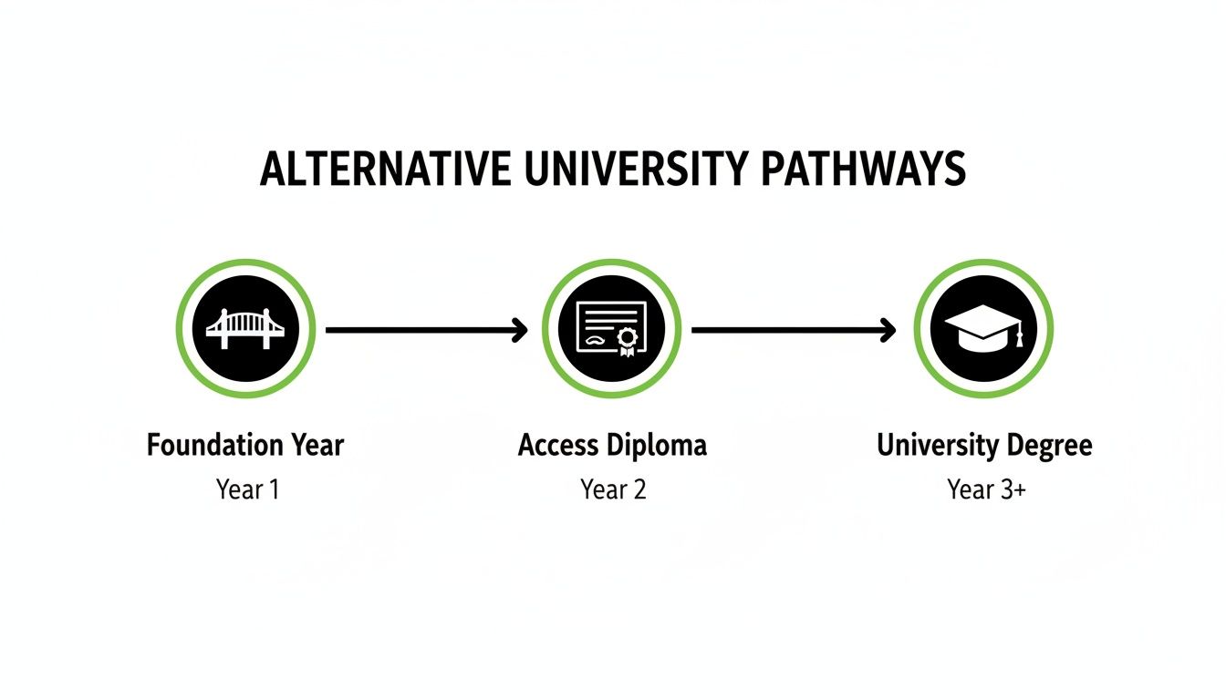 Diagram illustrating alternative pathways to a university degree through foundation year and access diploma.