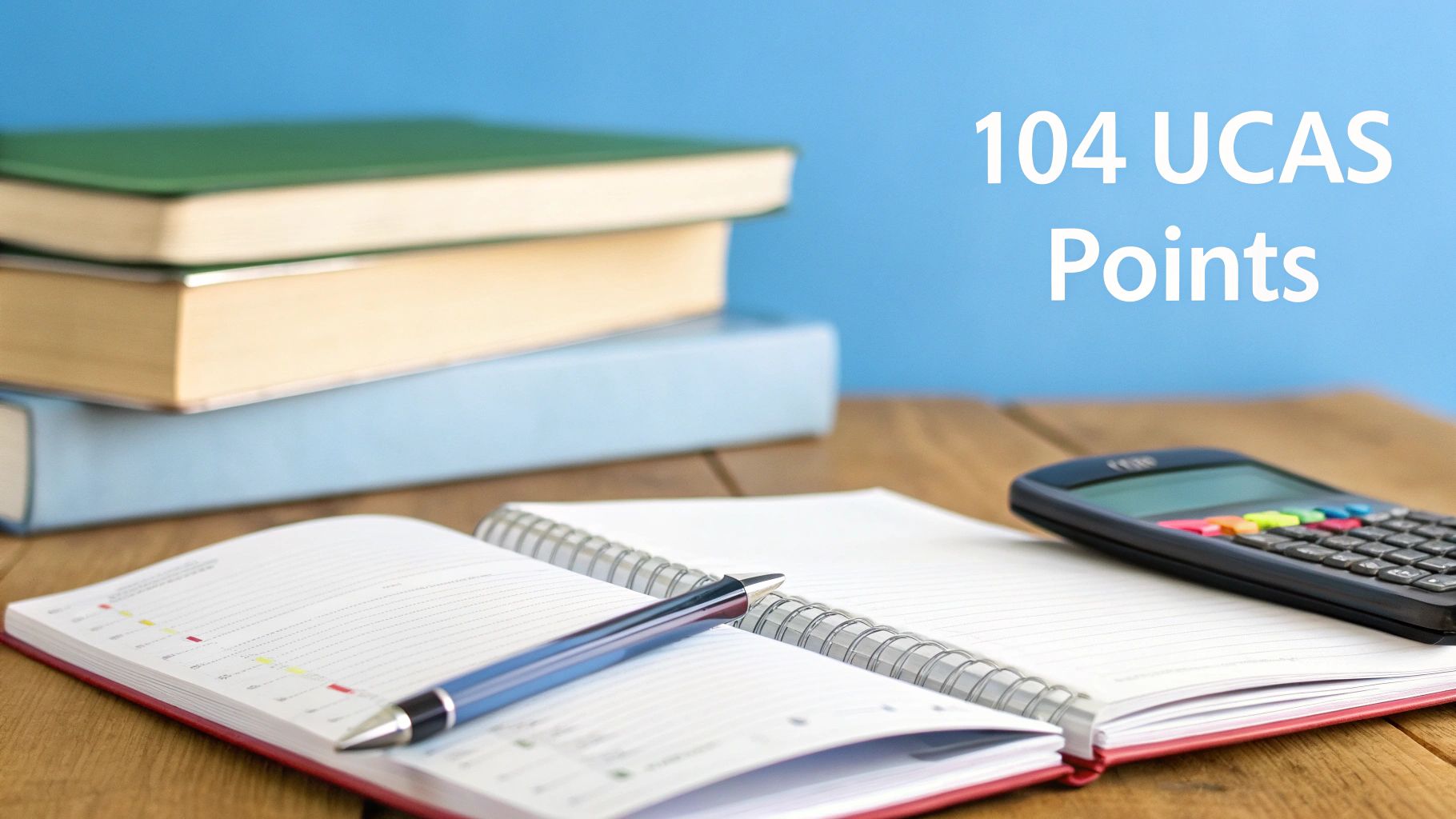 A study setup with books, an open notebook, a calculator, and text '104 UCAS Points'.