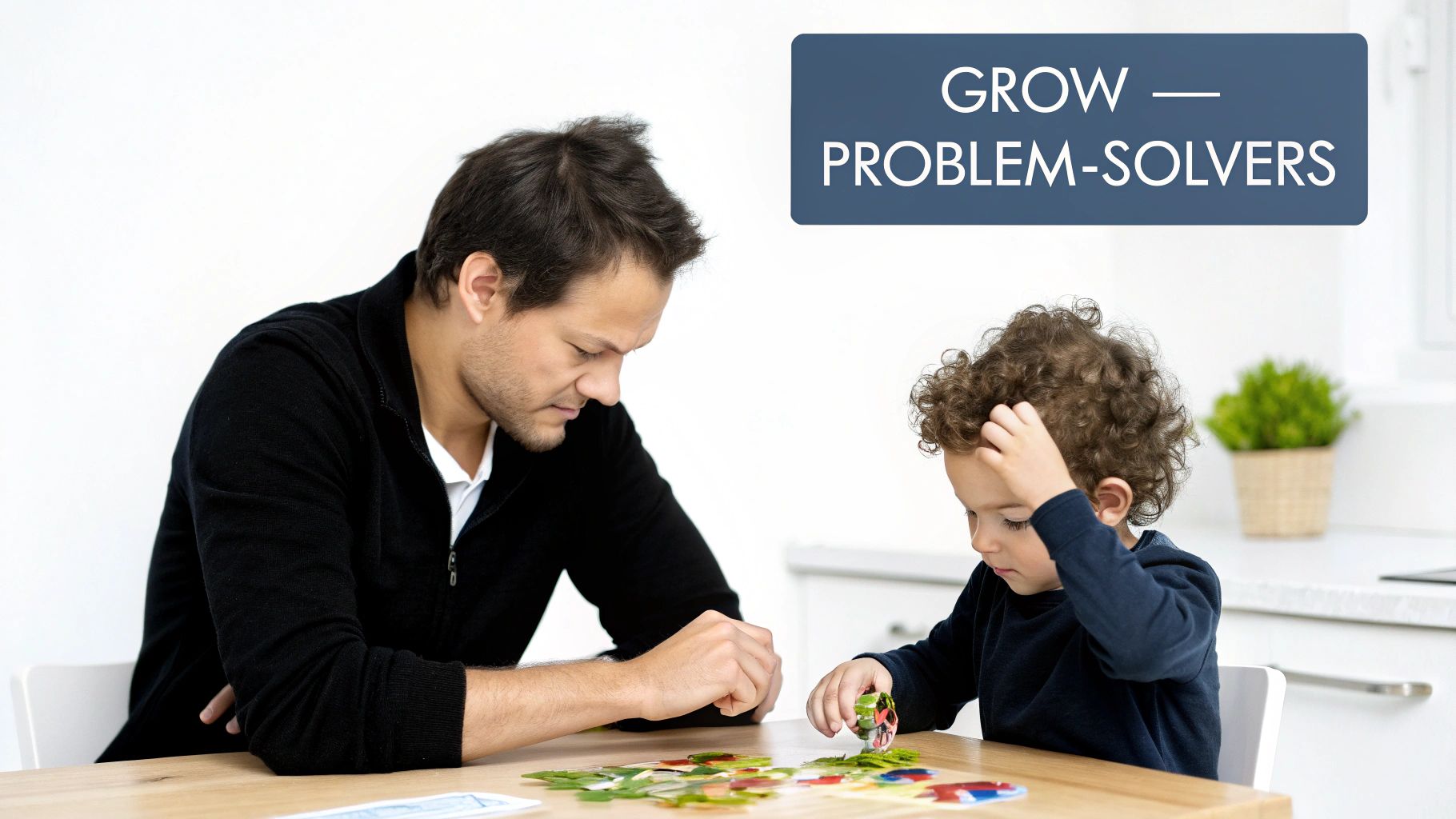 A father and son intently work on a puzzle, growing problem-solving skills together.