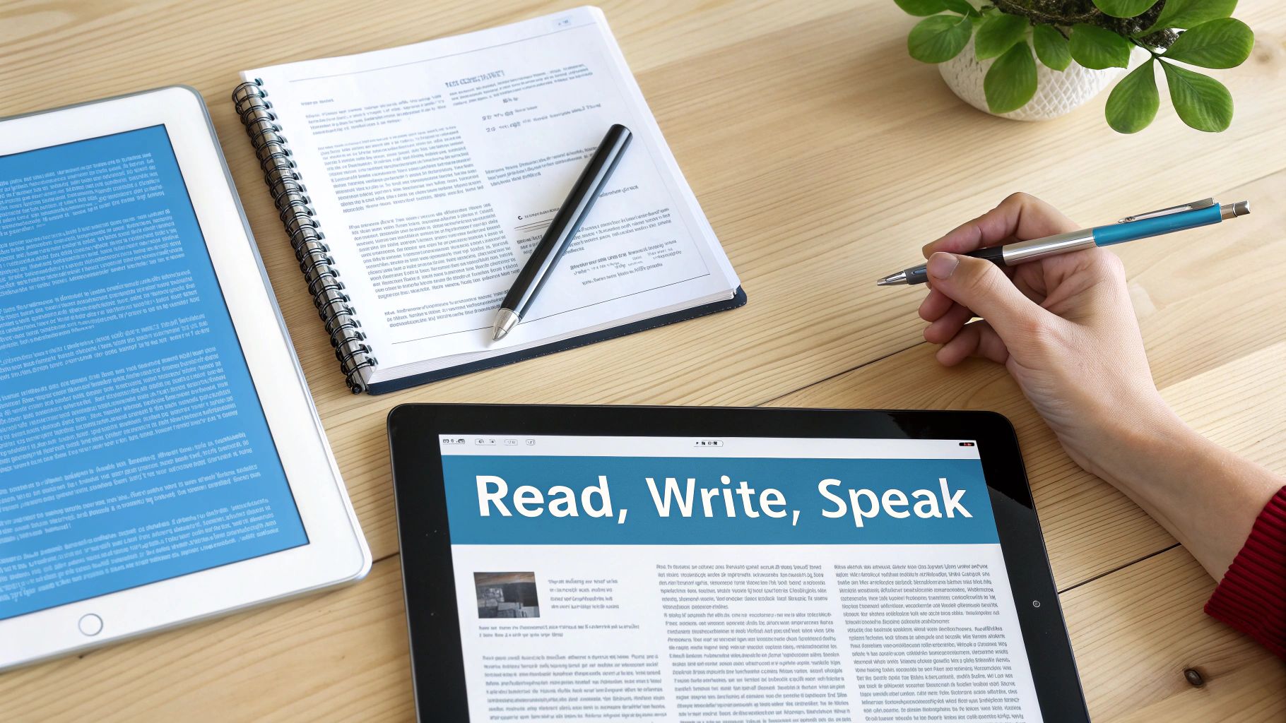 A person holds a pen over a tablet showing 'Read, Write, Speak', with another tablet and notebook.