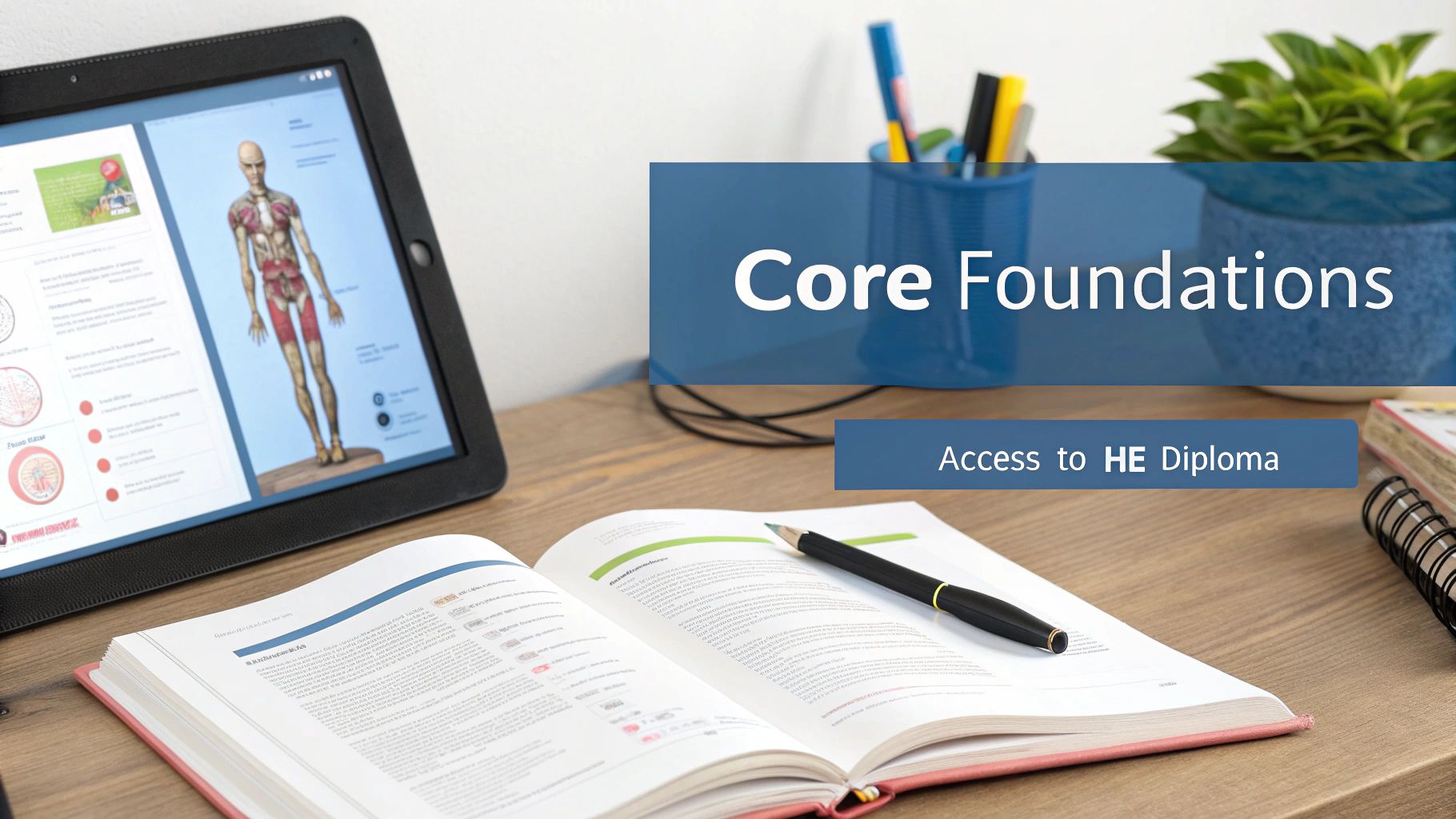 A student sits at a desk, focused on her laptop with a notebook and pen beside her, representing online study.
