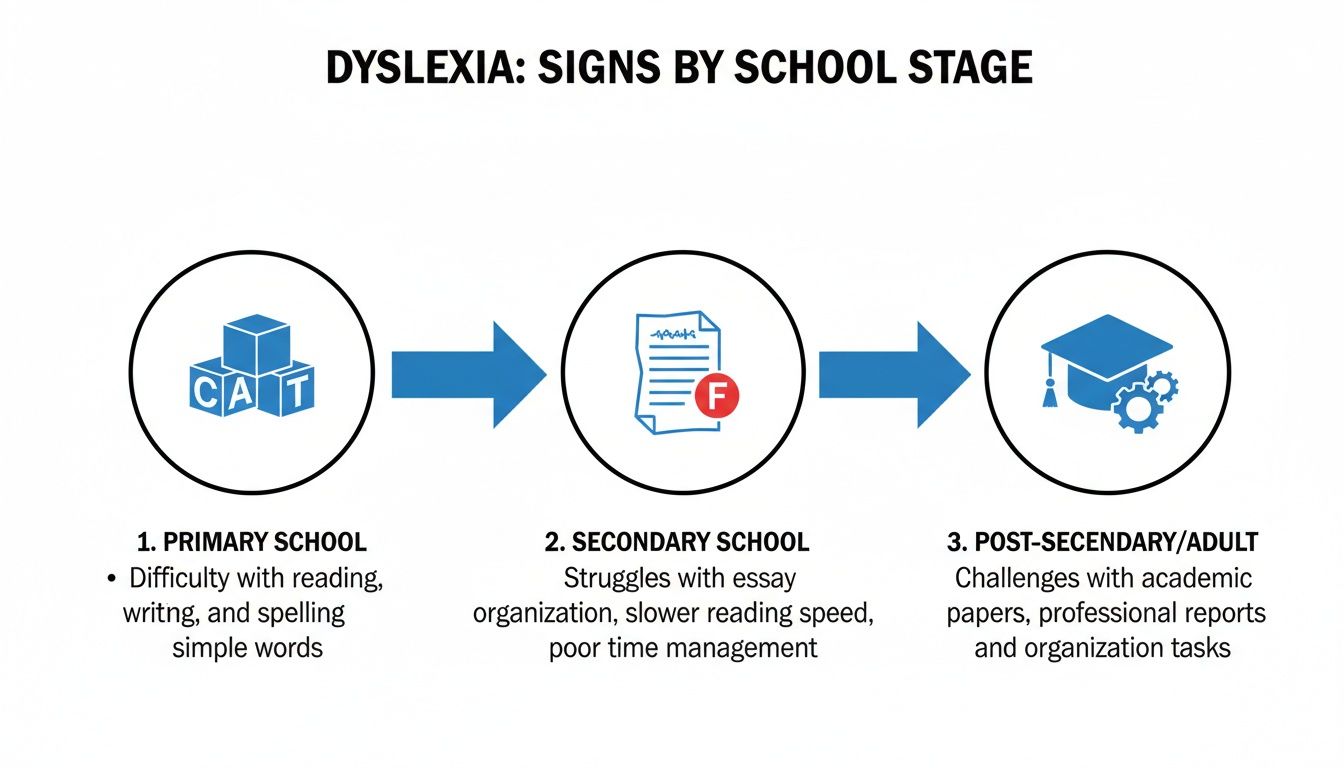 Infographic displaying dyslexia signs across primary, secondary, and post-secondary/adult school stages.