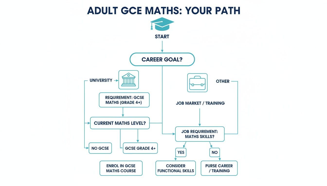 A flowchart titled 'Adult GCE Maths: Your Path' illustrating decisions based on career goals.