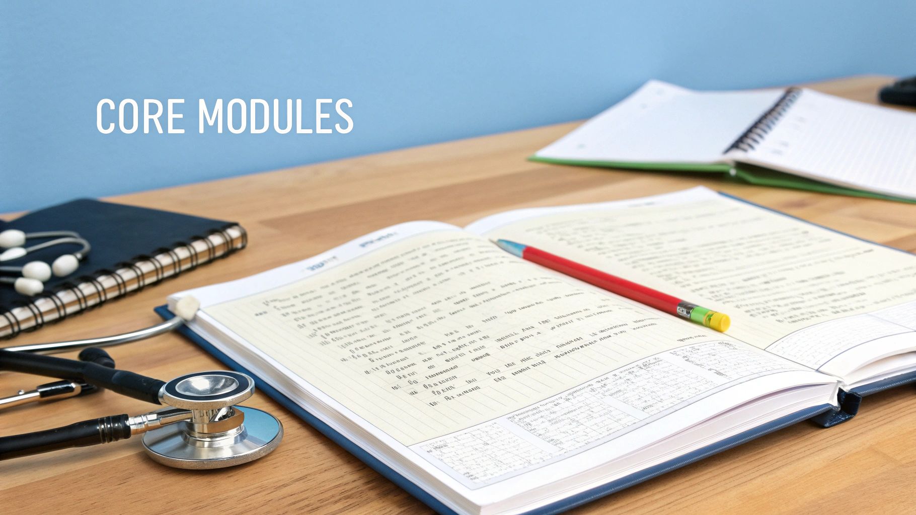 A stethoscope and notebooks on a wooden desk, with "CORE MODULES" text on a blue background, symbolizing medical studies.