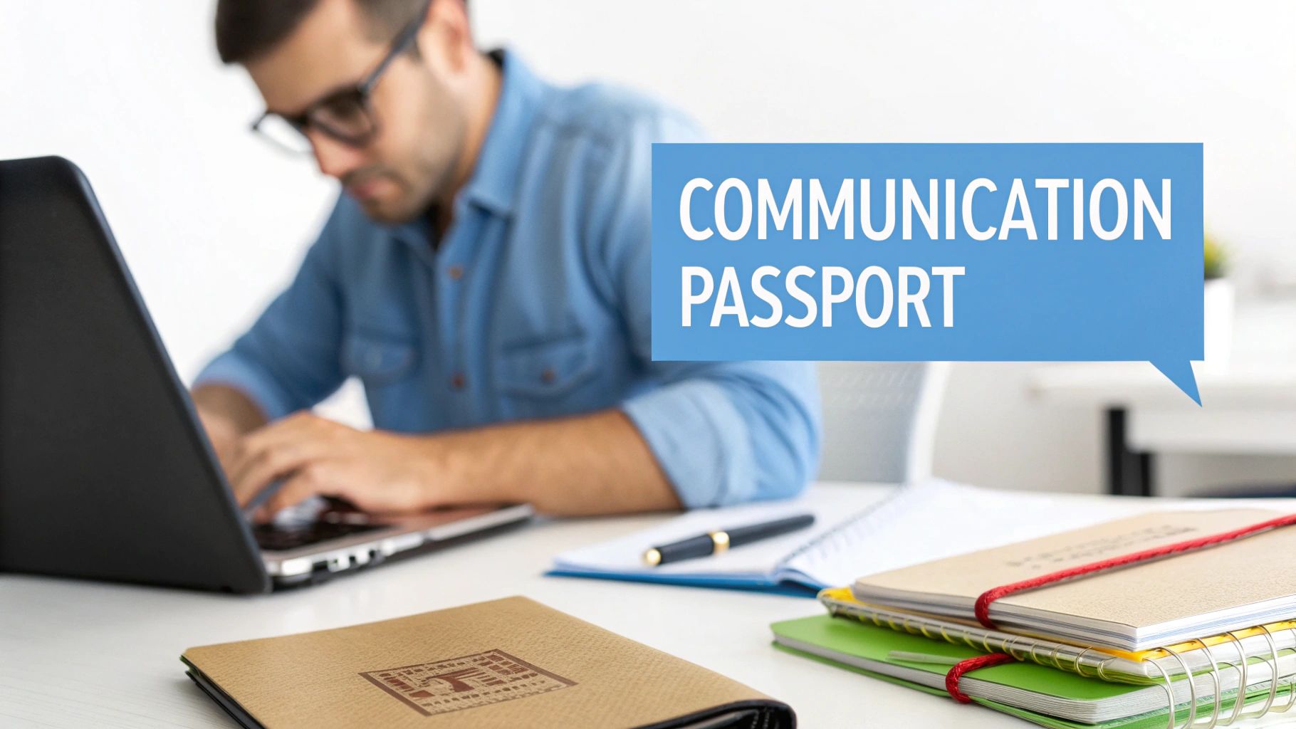 A man in glasses types on a laptop, with a blue speech bubble saying 'COMMUNICATION PASSPORT' on his right.