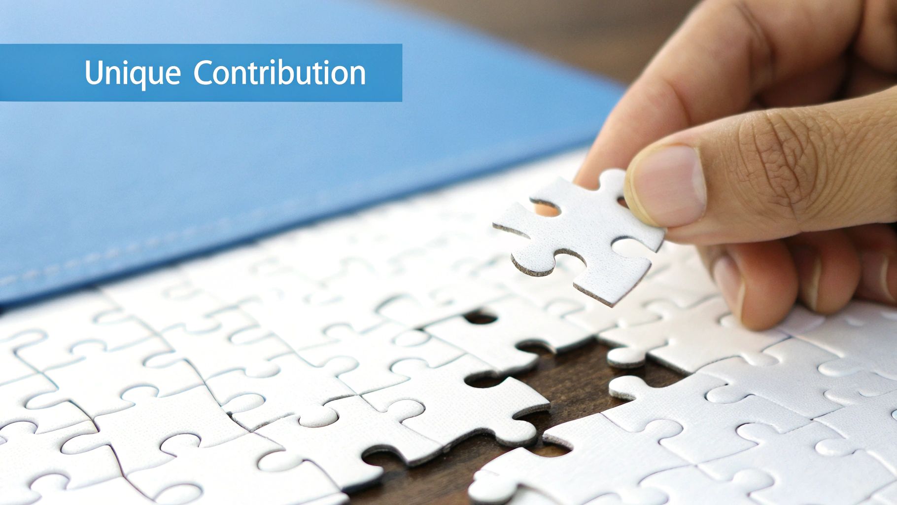 A hand places the last white jigsaw puzzle piece, completing the puzzle, symbolizing unique contribution.