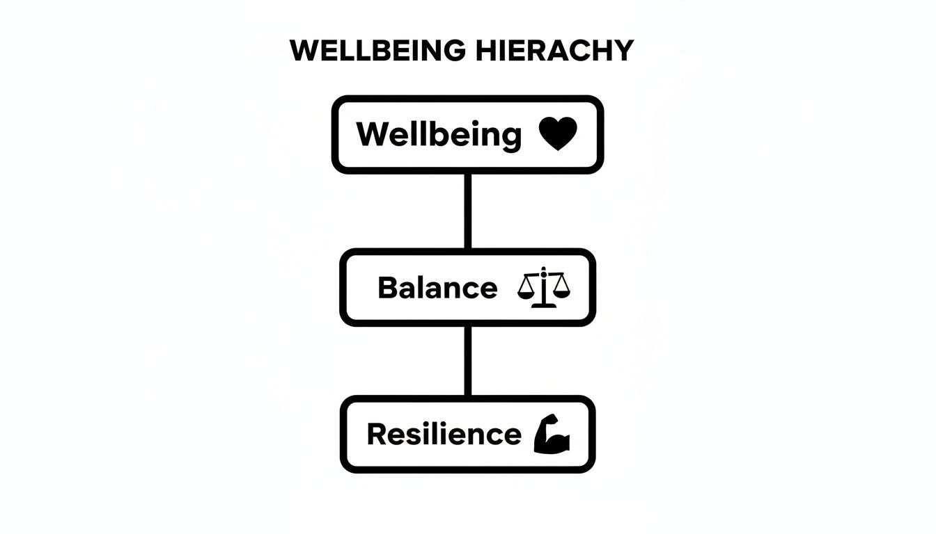 A wellbeing hierarchy diagram showing wellbeing with a heart, balance with scales, and resilience with a bicep icon.