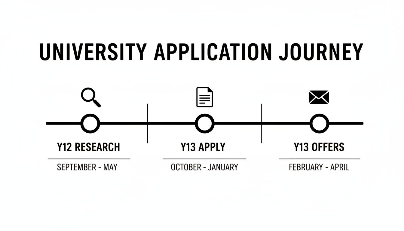 A clear timeline illustrates the university application journey, from Y12 research to Y13 offers.