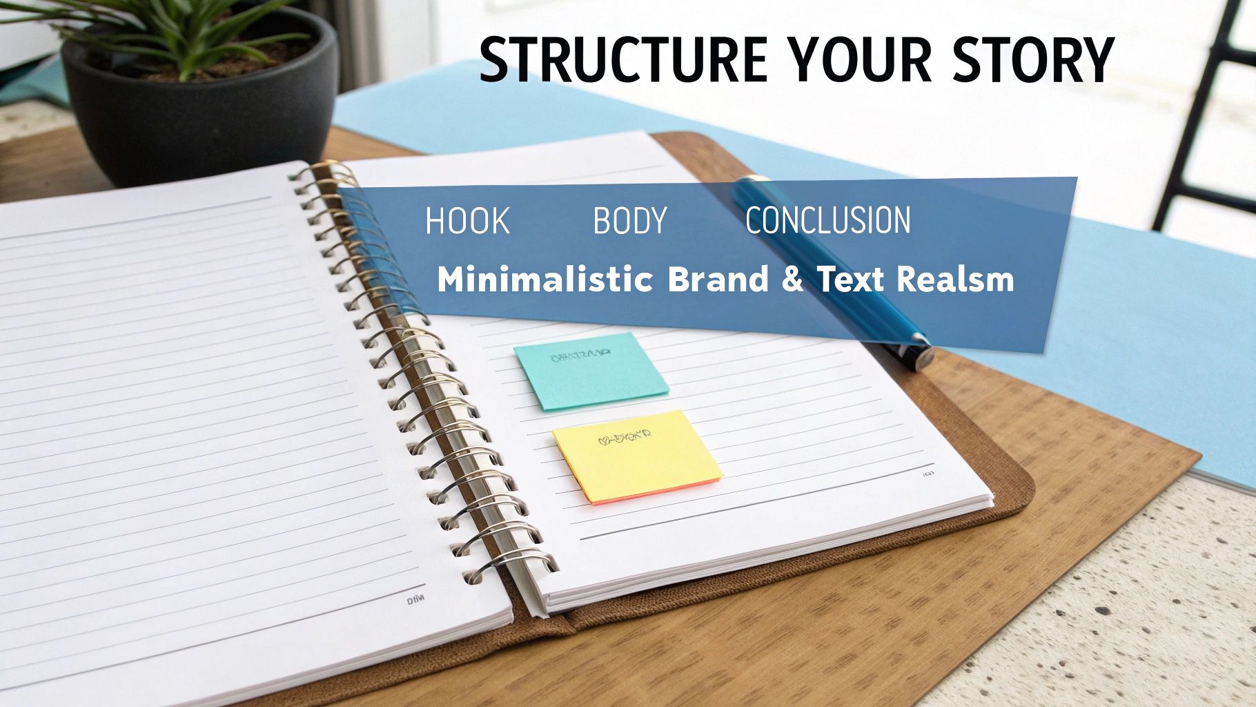 Overhead shot of an open spiral notebook with a pen, sticky notes, and 'STRUCTURE YOUR STORY' text.