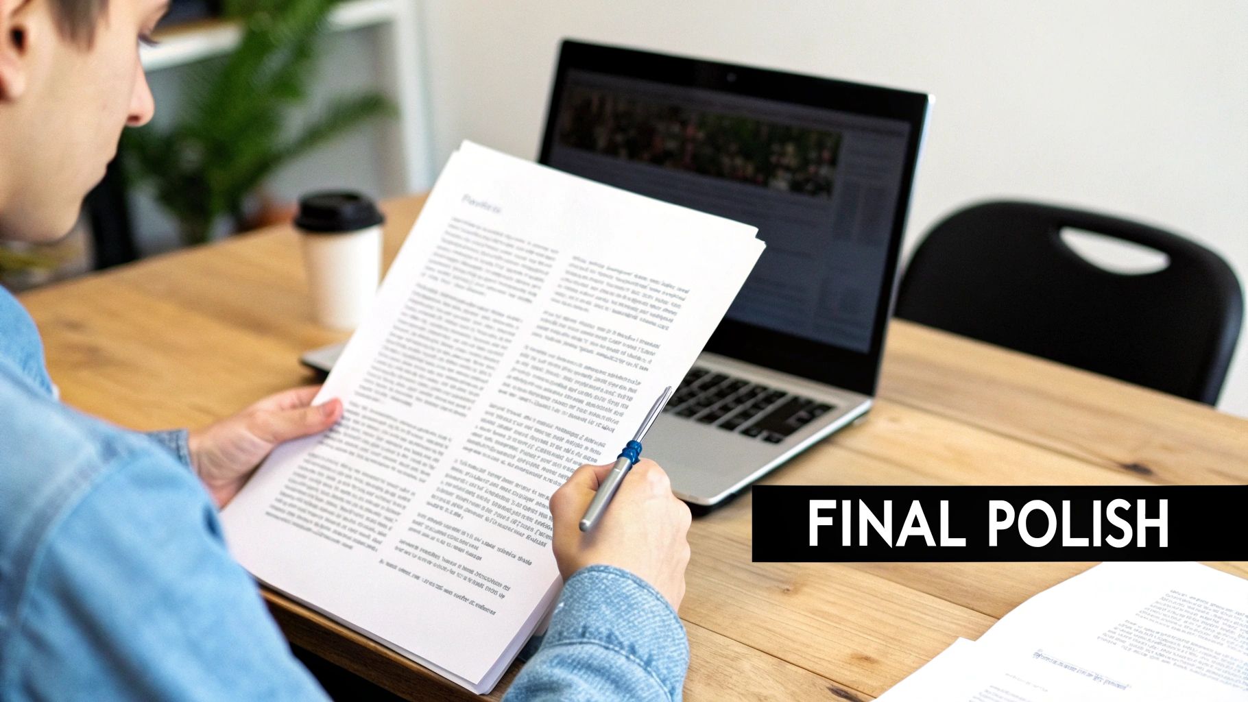 Person reviewing and editing printed document with pen at desk during final polish stage