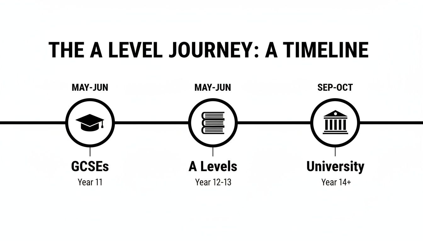 A clear timeline illustrating the A-Level journey, from GCSEs through A-Levels to university.