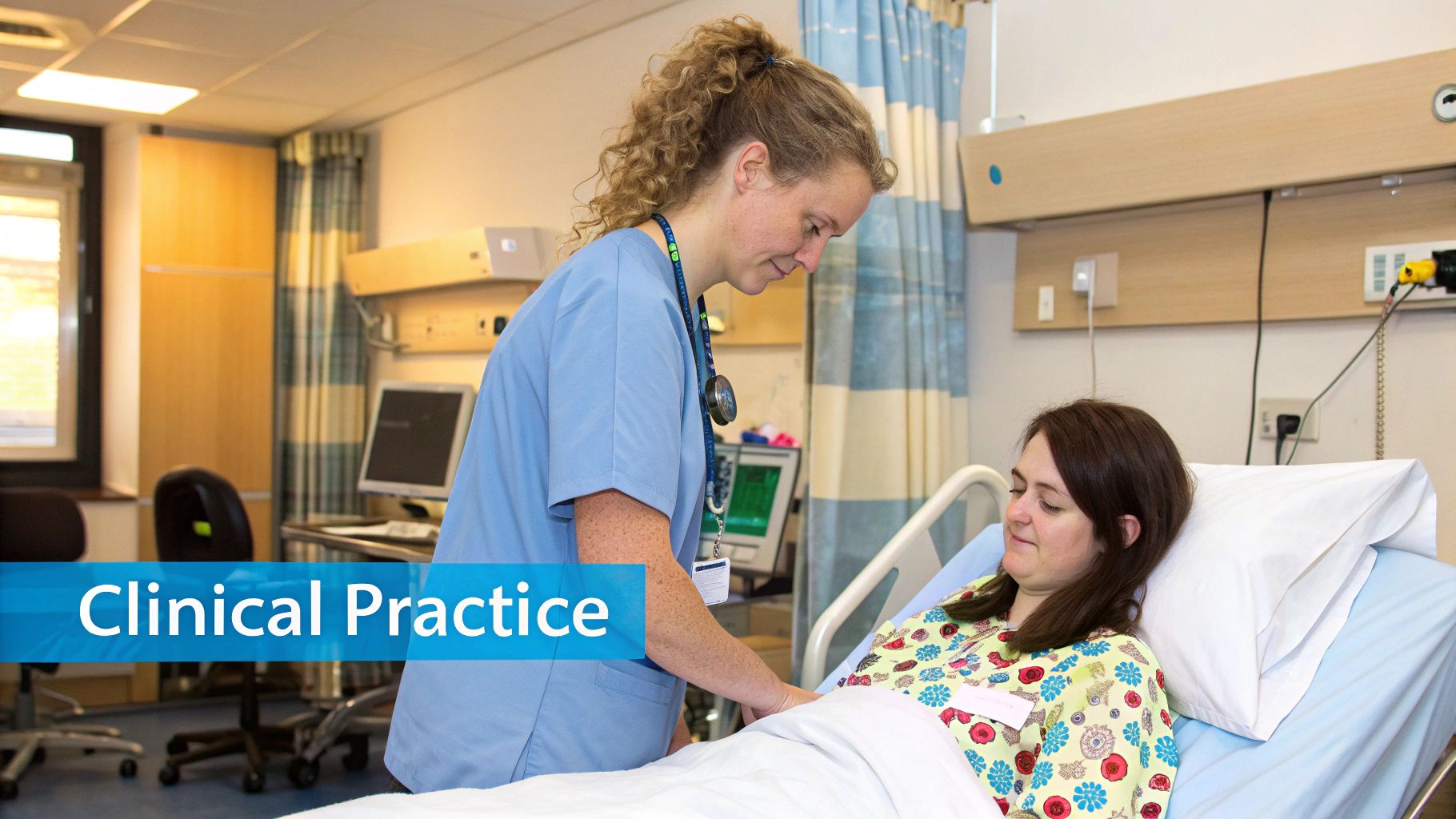 A newly qualified midwife in a hospital, smiling and looking prepared for her role.