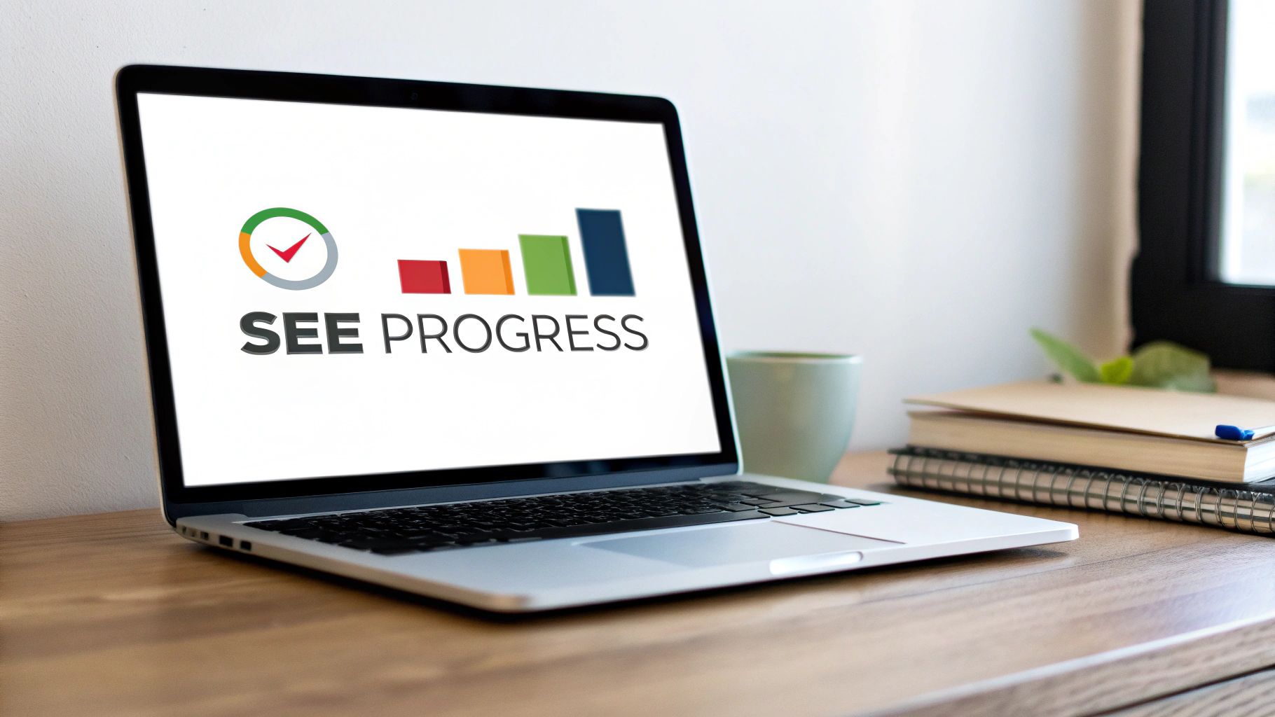 A laptop displaying 'SEE PROGRESS' with a checkmark and bar chart on a desk with notebooks and a mug.