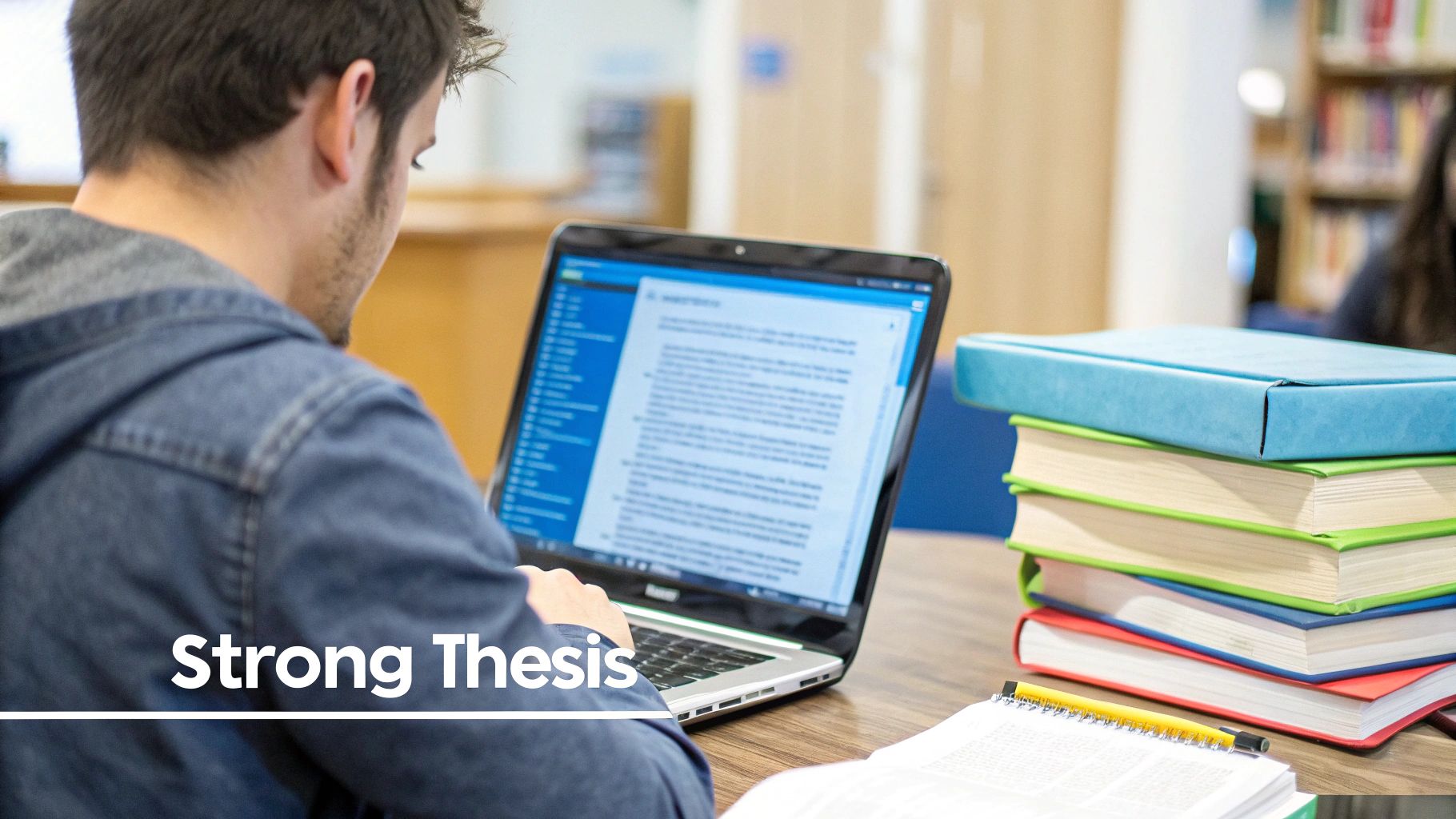A student works on a laptop with a stack of colorful academic books and a notebook.