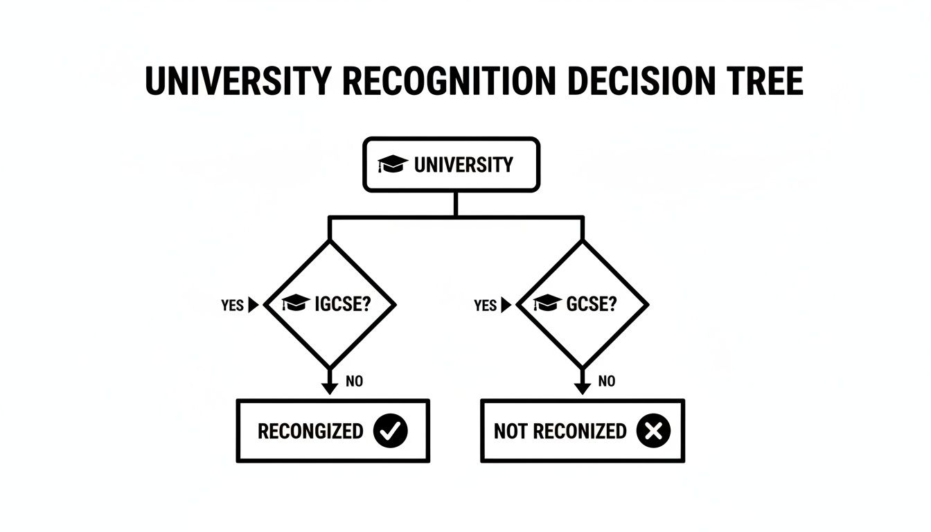 A university recognition decision tree showing IGCSE qualifications are recognized and GCSE are not.
