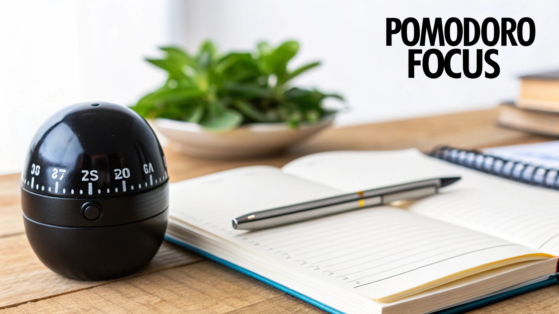 A black Pomodoro timer, open notebook, and pen are on a wooden desk, emphasizing focus.