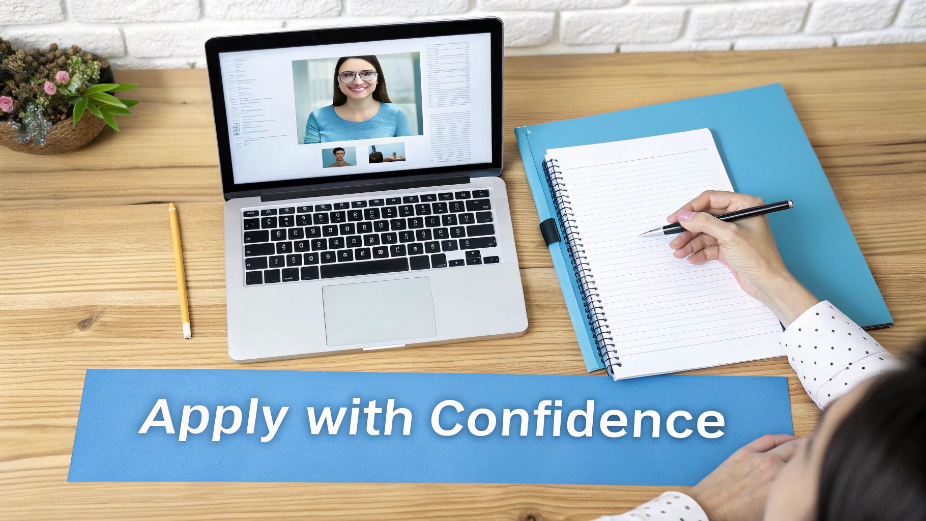 A person prepares for an online interview, taking notes while viewing a video call on a laptop.