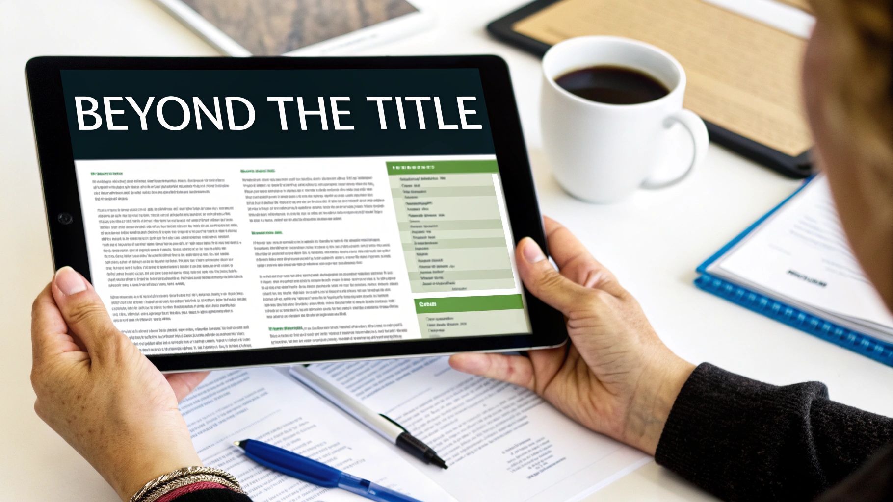 Person holding a tablet displaying an article titled 'BEYOND THE TITLE' on a white desk.