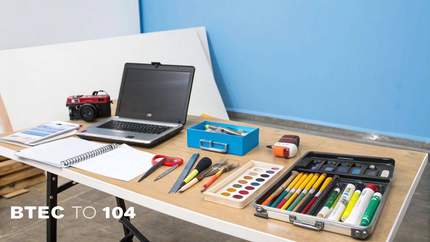 An organized table with a laptop, art supplies, and educational tools against a blue wall.