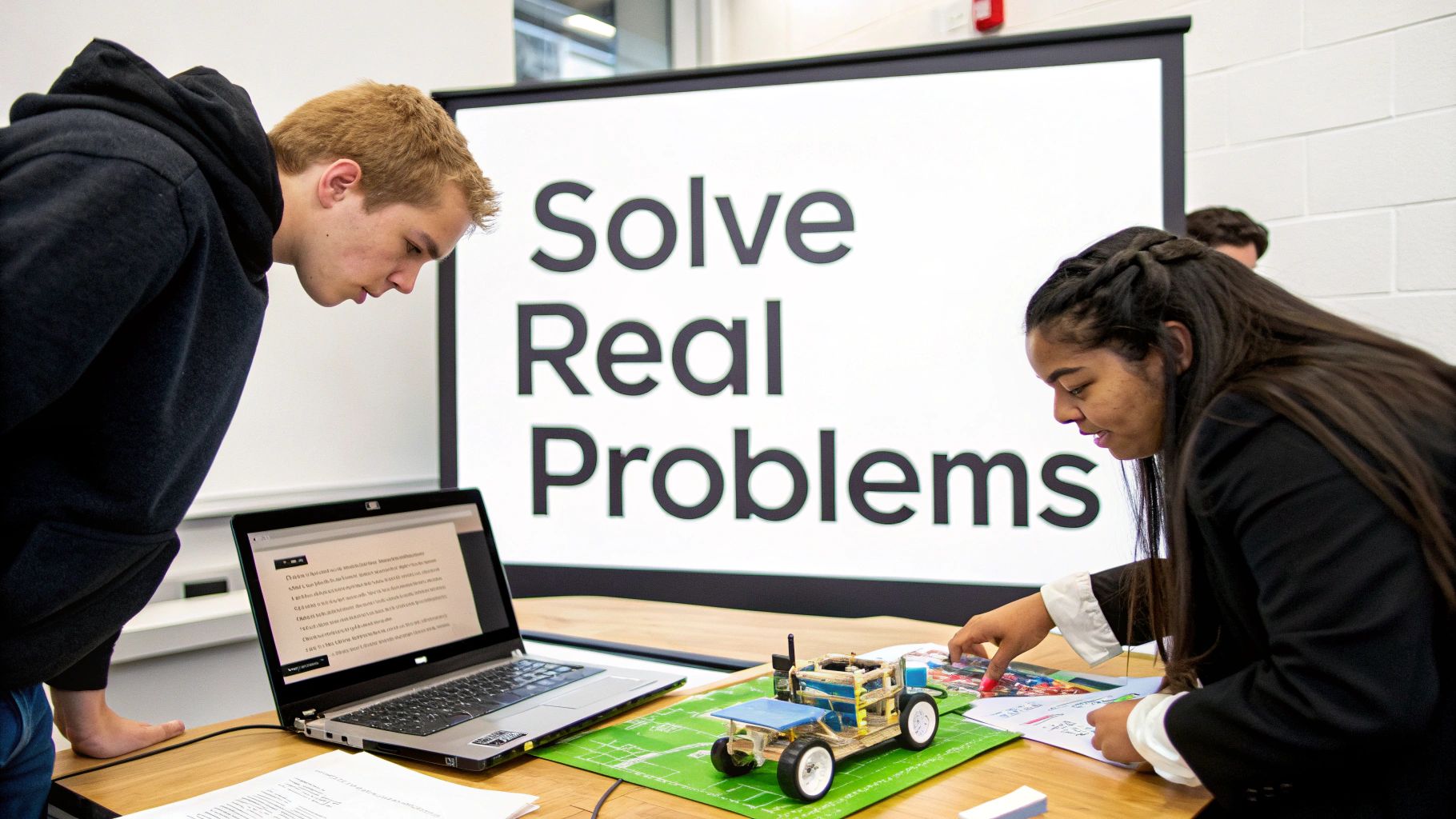 Two students collaborate intently on a robotics project with a laptop and a small robot model.