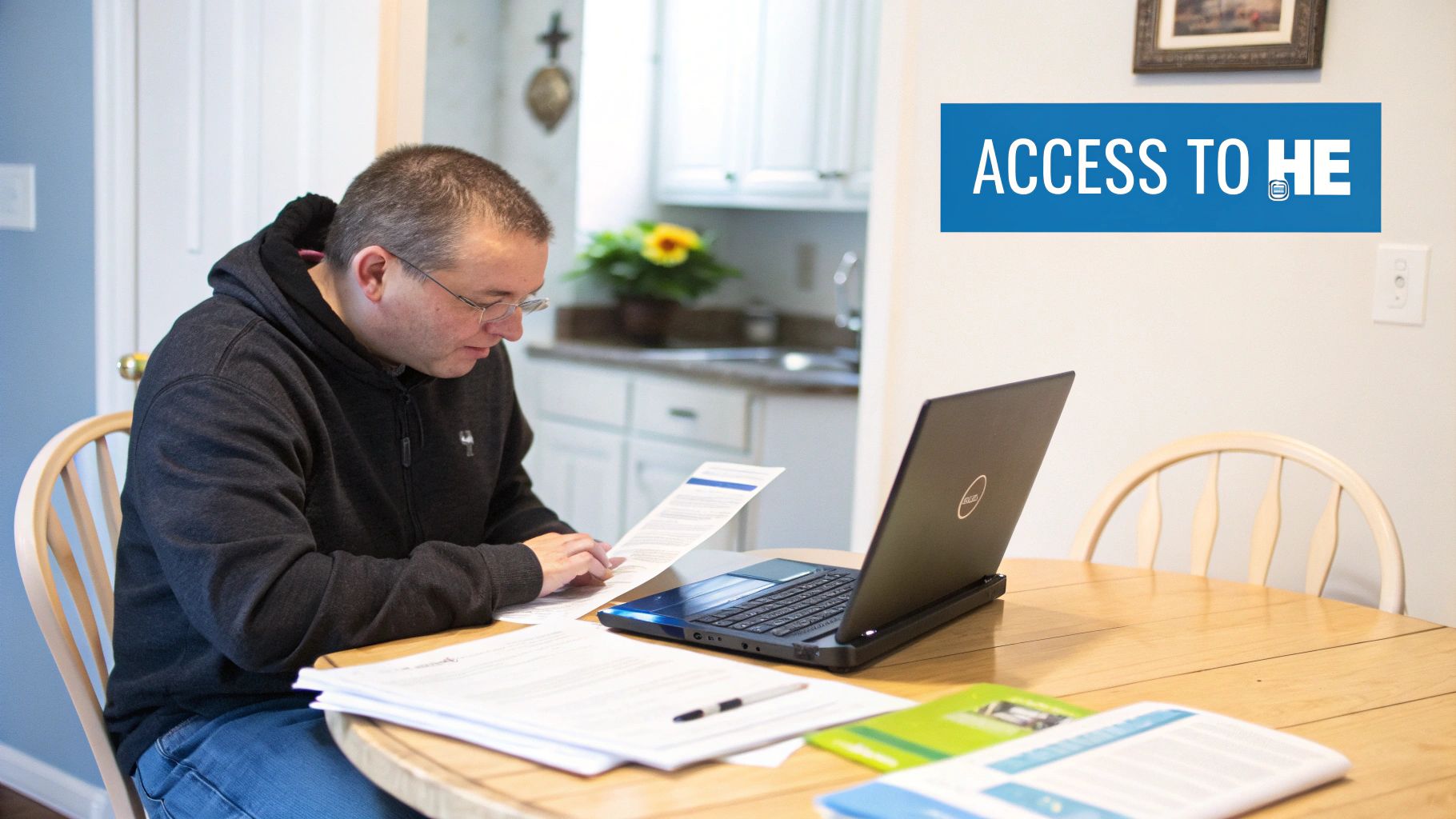 A man in glasses sits at a table, reviewing documents with a laptop nearby, with an 'Access to HE' banner on the wall.