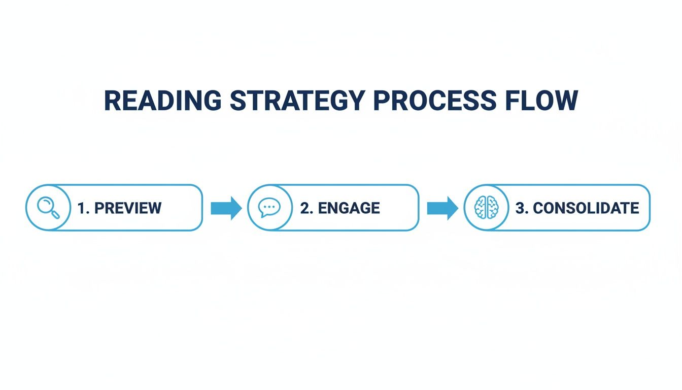 A three-step reading strategy process flow: 1. Preview, 2. Engage, 3. Consolidate, with corresponding icons.