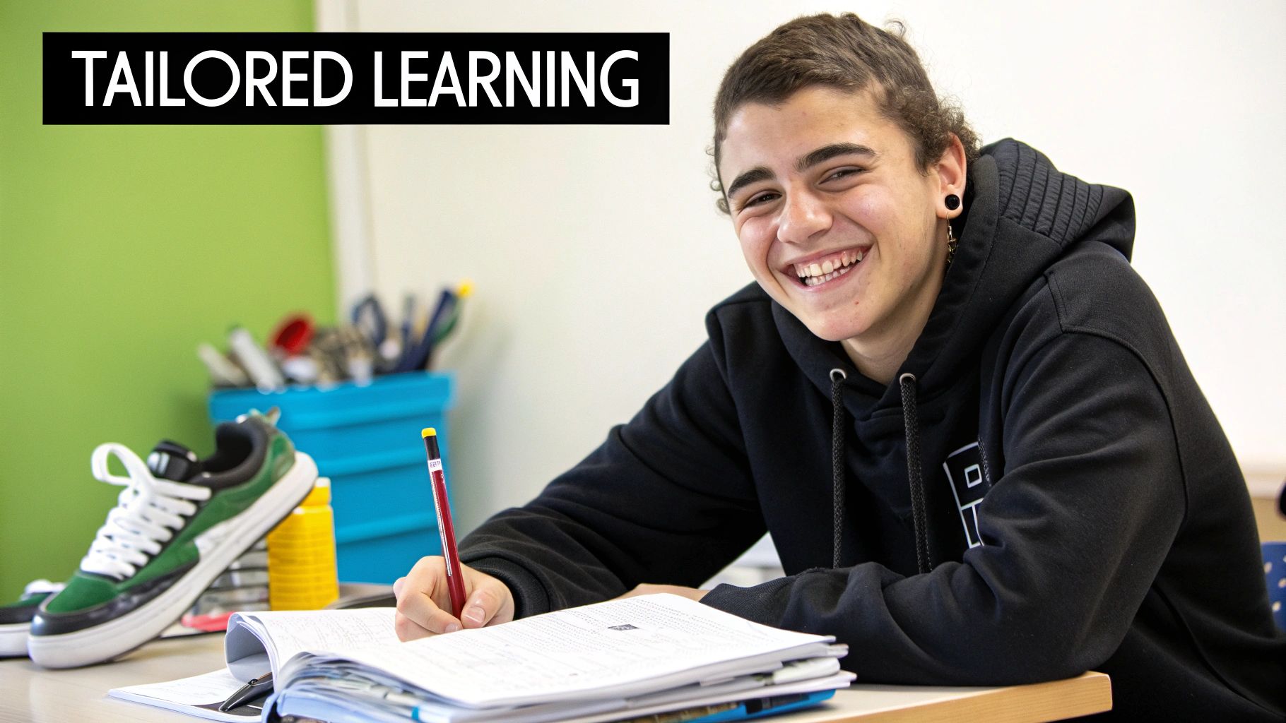 A young woman studying A Levels from home, looking confident and focused