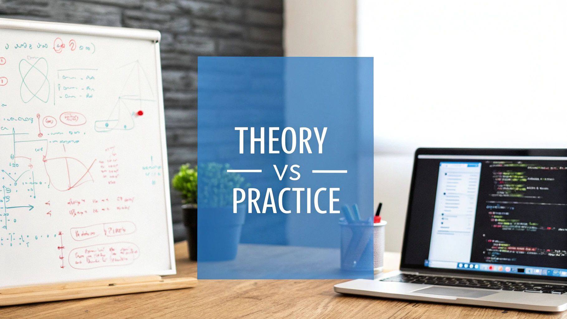 A whiteboard with mathematical notes and a laptop showing code, contrasting theory vs practice.