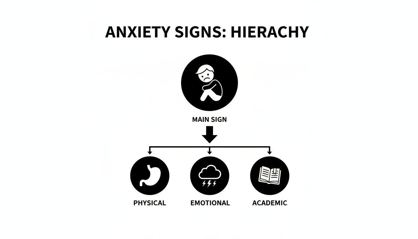 A diagram illustrating anxiety signs, showing a main sign branching into physical, emotional, and academic categories.