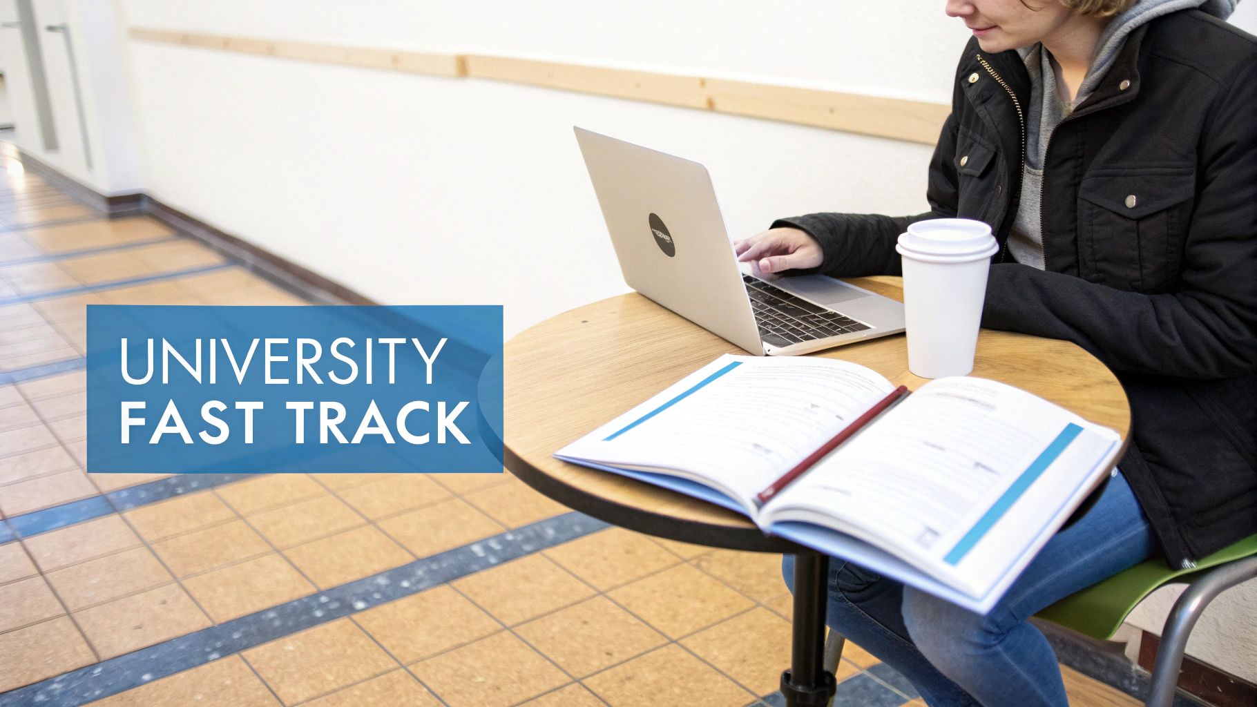A student works on a laptop at a table with a book and coffee, with 'UNIVERSITY FAST TRACK' overlay.